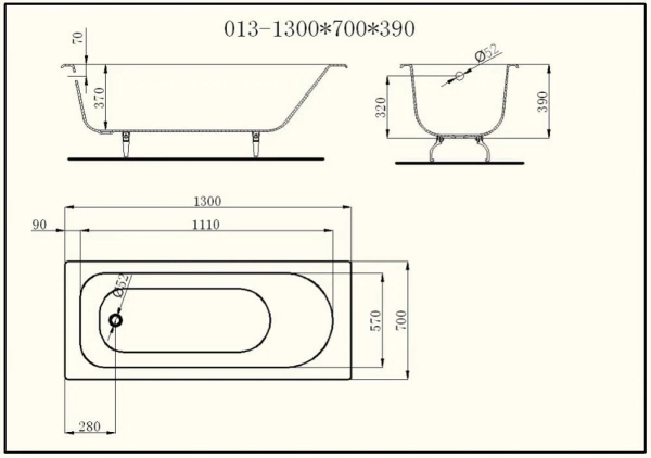 Чугунная ванна Castalia 130х70 комплект
