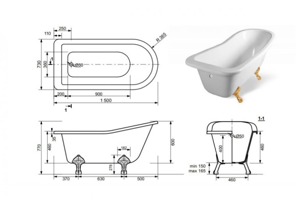 Ванна из искусственного камня Эстет Царская 150х73 ножки хром ,золото,бронза,(комплект) с ножками и сливом