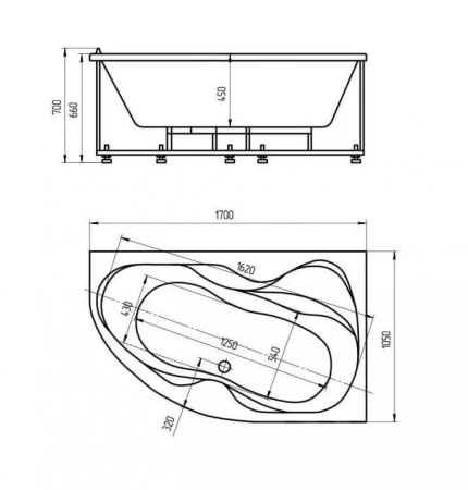 Акриловая ванна Aquatek Вега 170х105 R полный комплект с экраном 