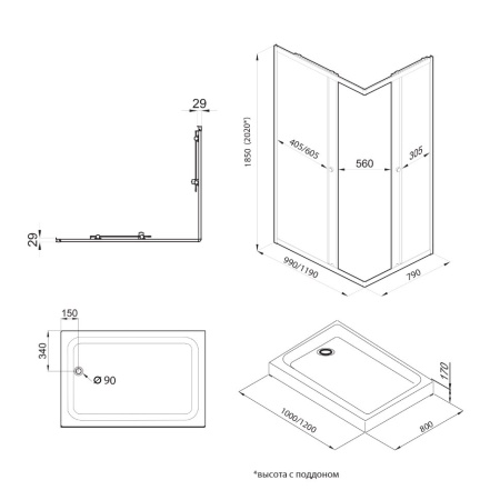 Душевое ограждение Triton Вента-Хром 100*80*202 L/R с поддоном