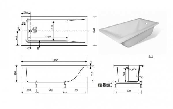 Ванна из искусственного камня Эстет Дельта 180х80 с возможностью изменения размера (комплект) с подставкой и сливом