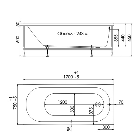 Акриловая ванна 1Acreal 170*75 1ACReal Тритон Токио 