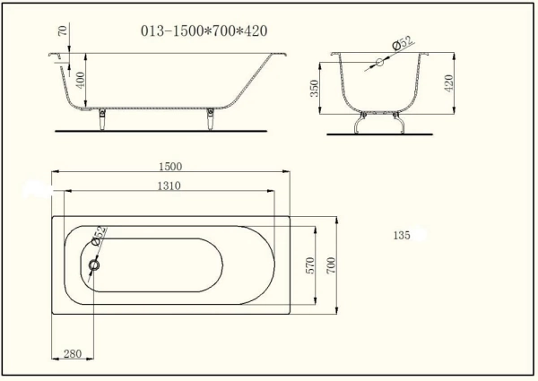 Чугунная ванна Castalia 150х70 комплект